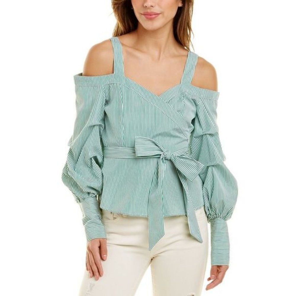 NWT Destinaire Striped Blouse Size S Green White Surplice Pleated Blouson Sleeve